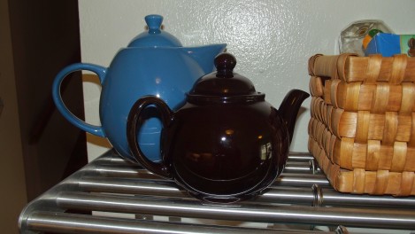 Blue Ceramic and Brown Betty Tea Pots